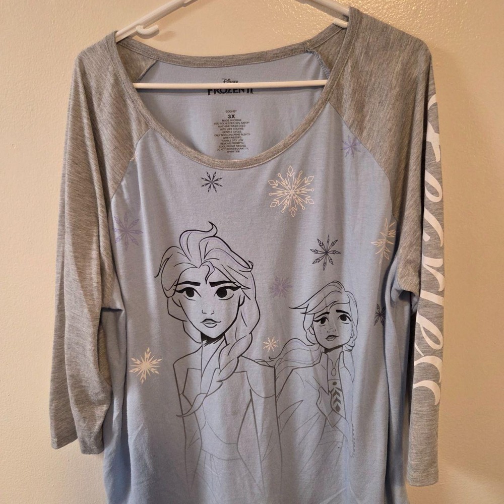 Disney Frozen II Elsa Anna Raglan Graphic Tee Blue Gray 3X 3/4 Sleeve Top